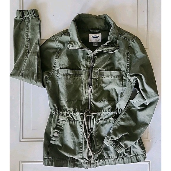 Old Navy Hip-Length Army Olive Green‎ Cotton Twill Jacket Drawstring Waist XS - Picture 12 of 12